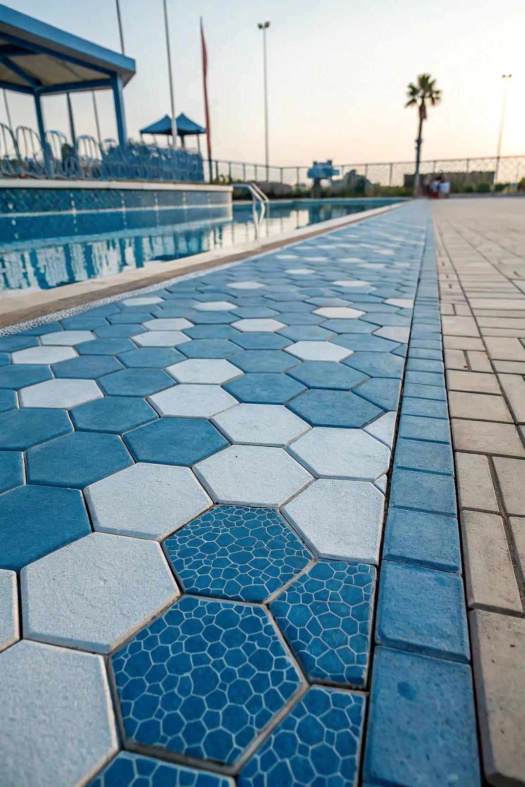 Hexagonal tiles add a unique geometric touch to your pool deck.