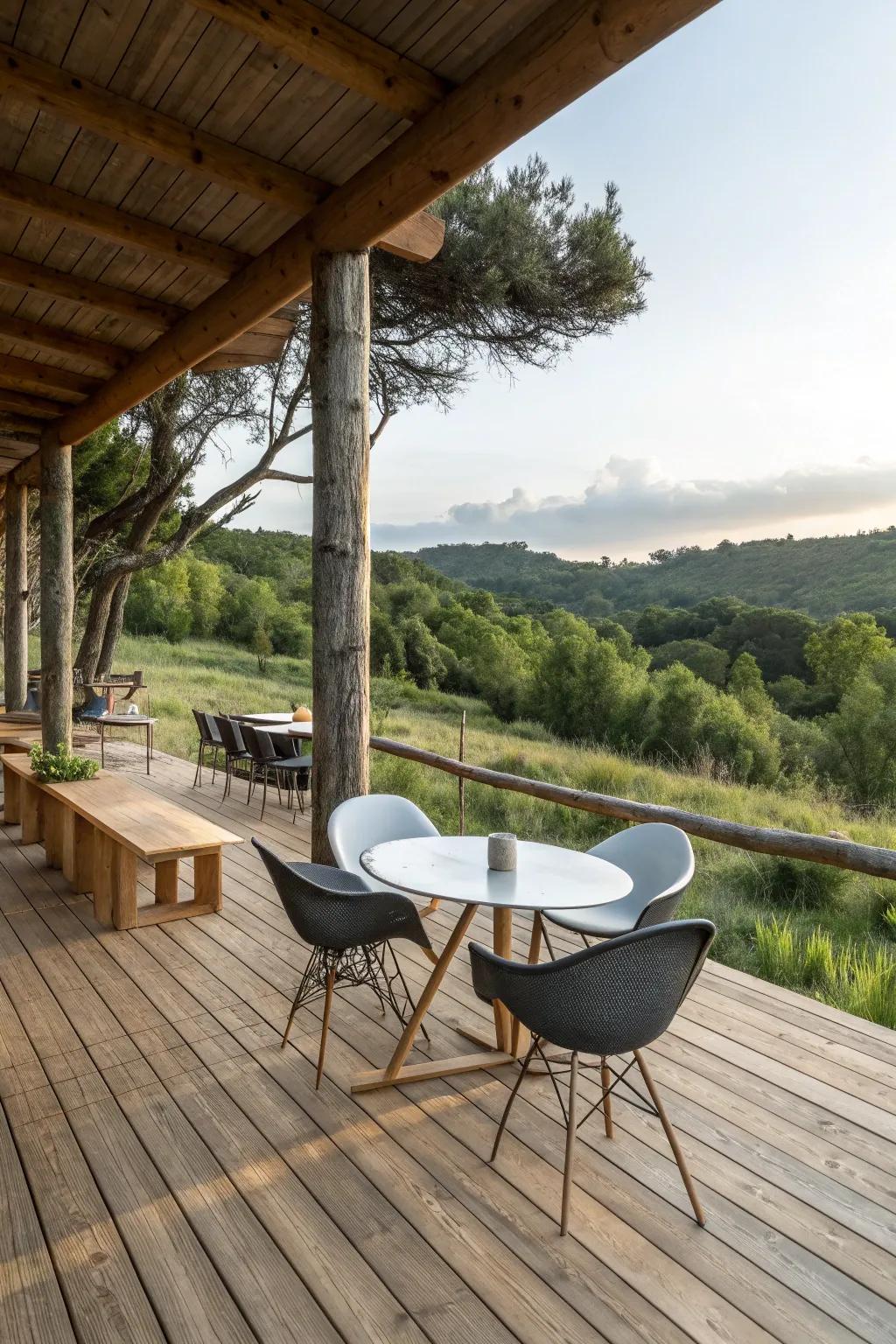 A harmonious blend of modern and rustic styles on a timber deck.