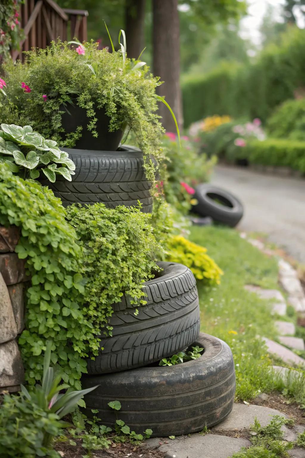 Nature-integrated tire beds create a seamless garden look.