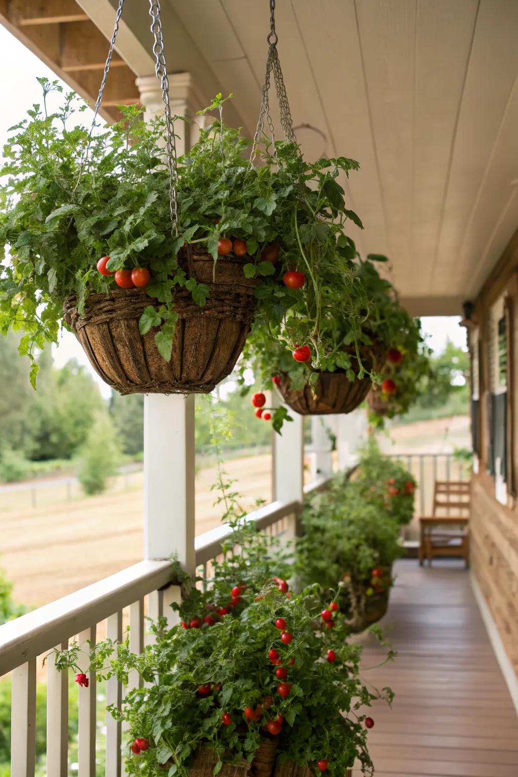 Hanging baskets create a cascade of cherry tomatoes.