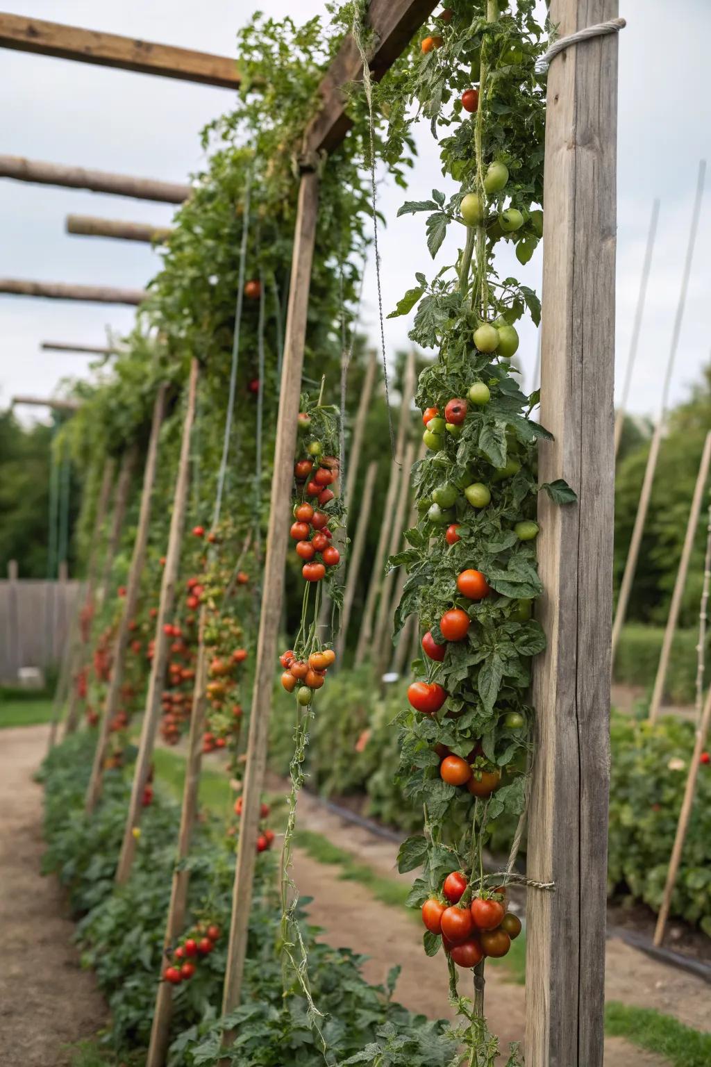 Vertical string trellis maximizing garden space.