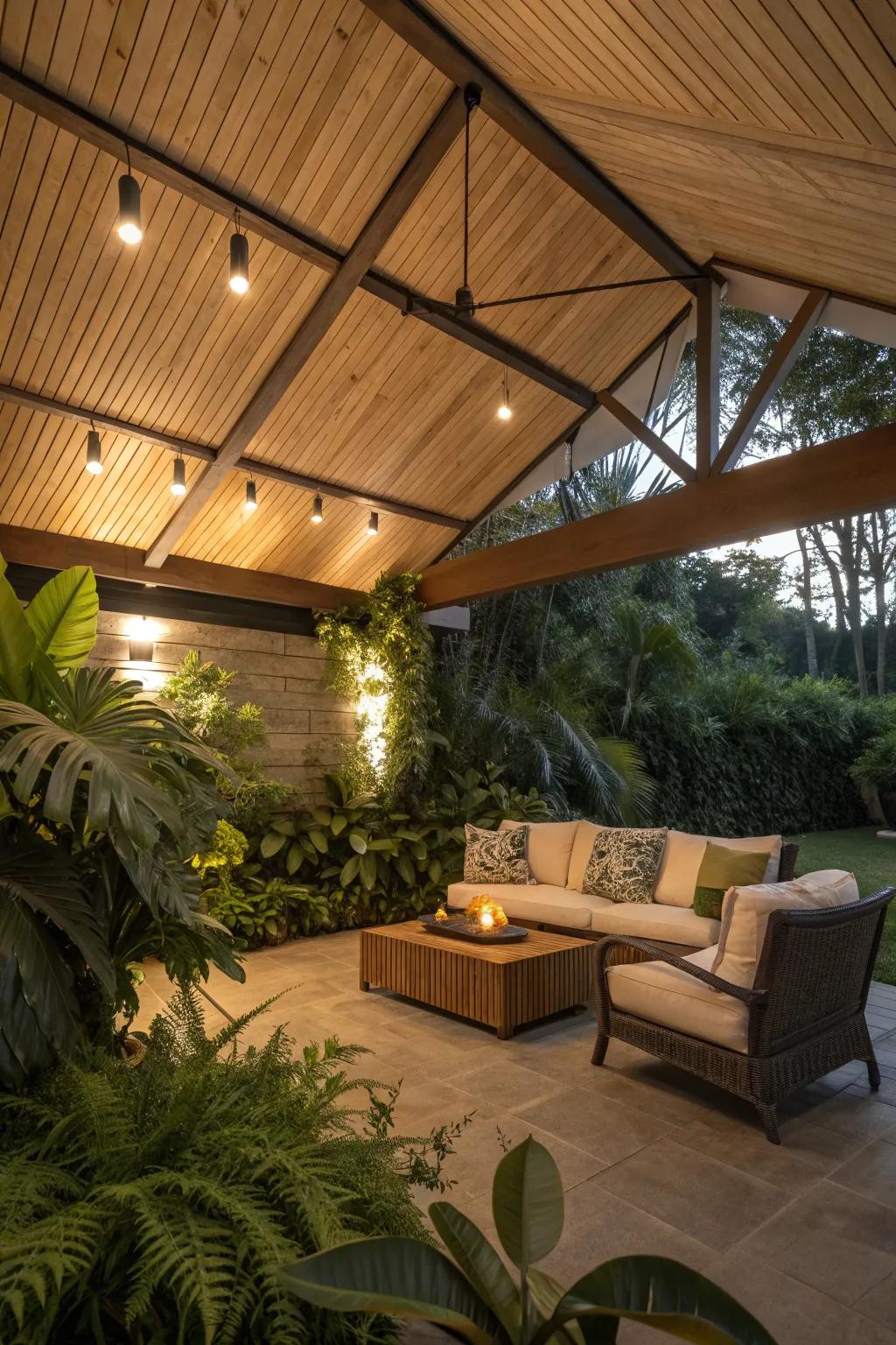 Cozy seating complements the inviting atmosphere of the ceiling.