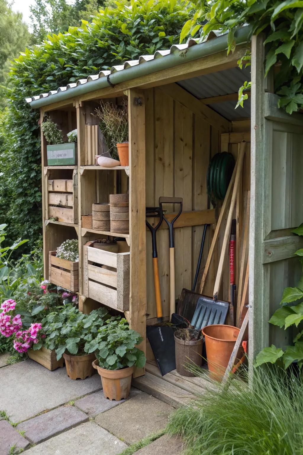 Wooden crates offer versatile and rustic storage.