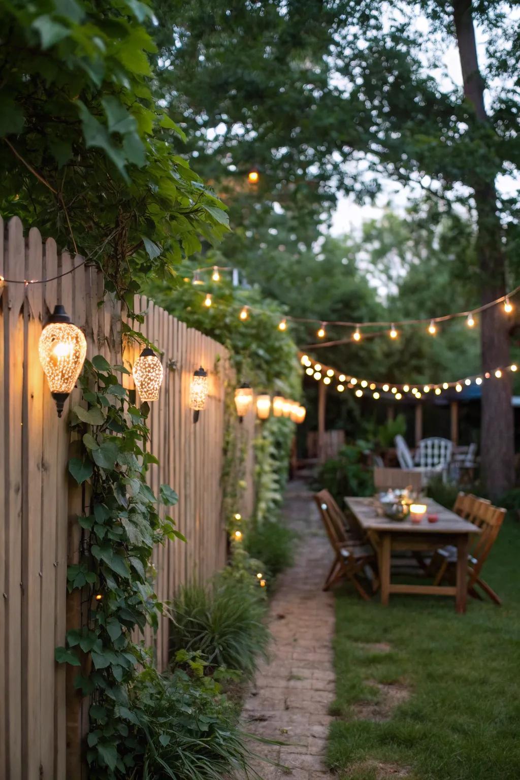 Decorative lighting adds a magical touch to fences.