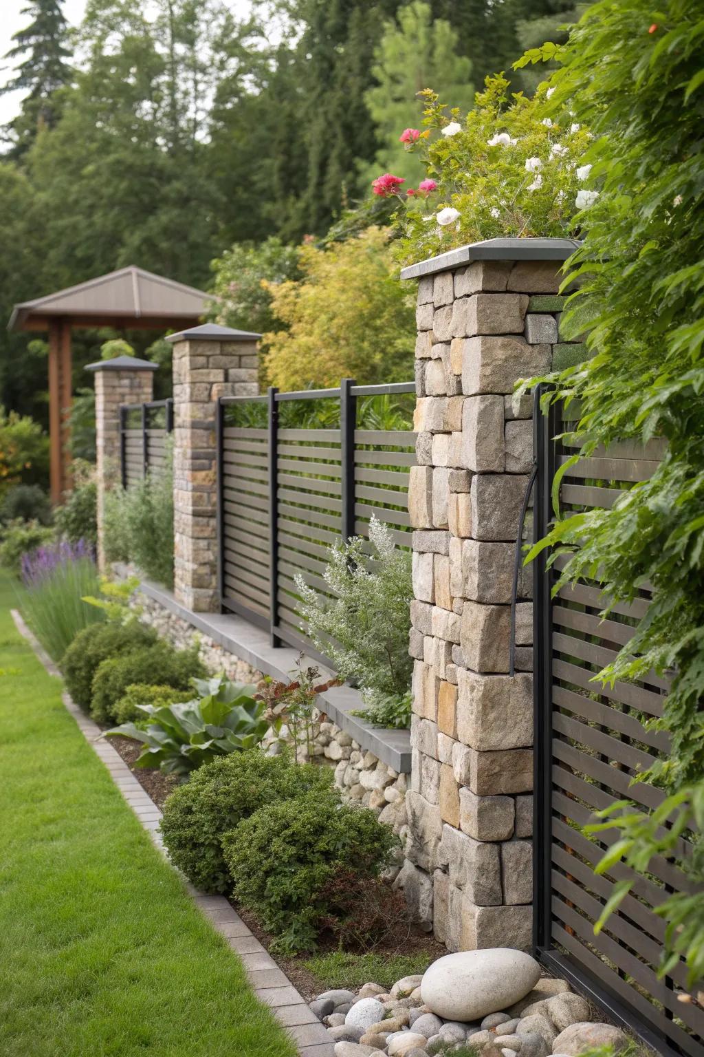 Natural elements like stone create a balanced garden fence.