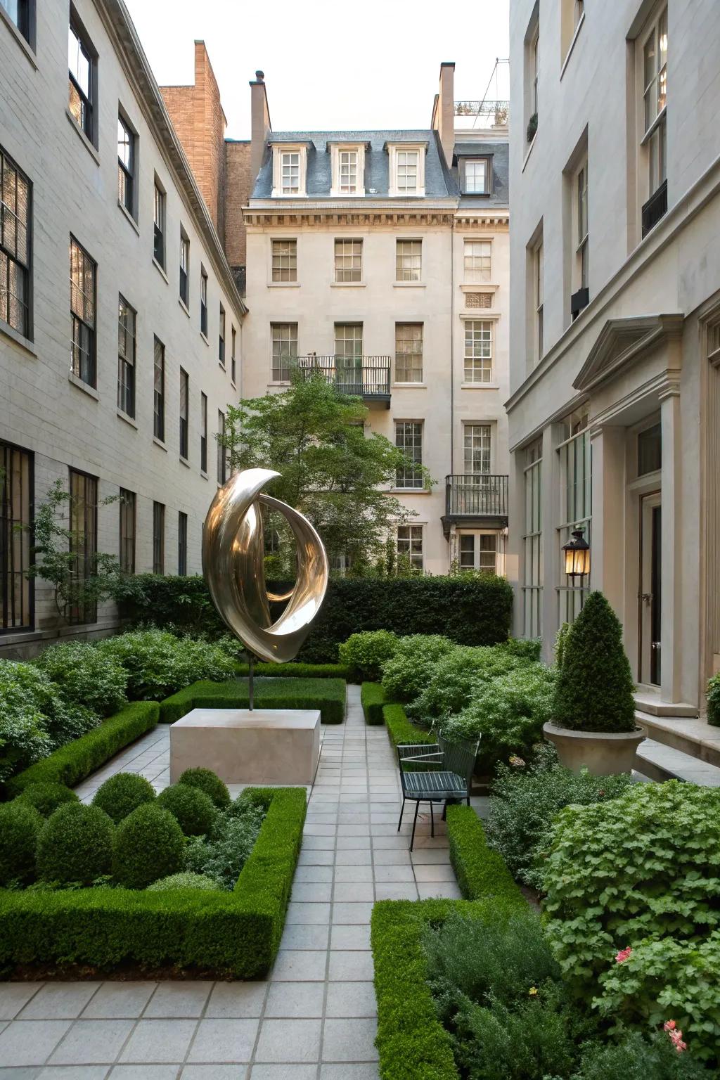 A statement art piece serves as a stunning focal point in the courtyard.