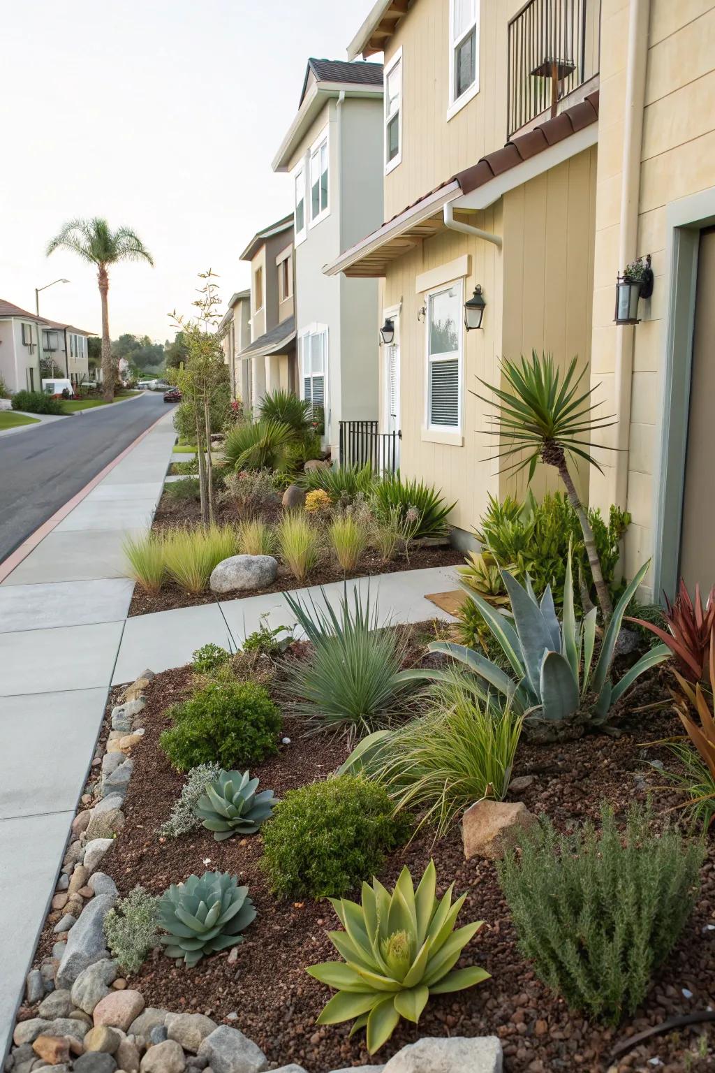Low-maintenance plants creating an easy-care townhouse front yard.