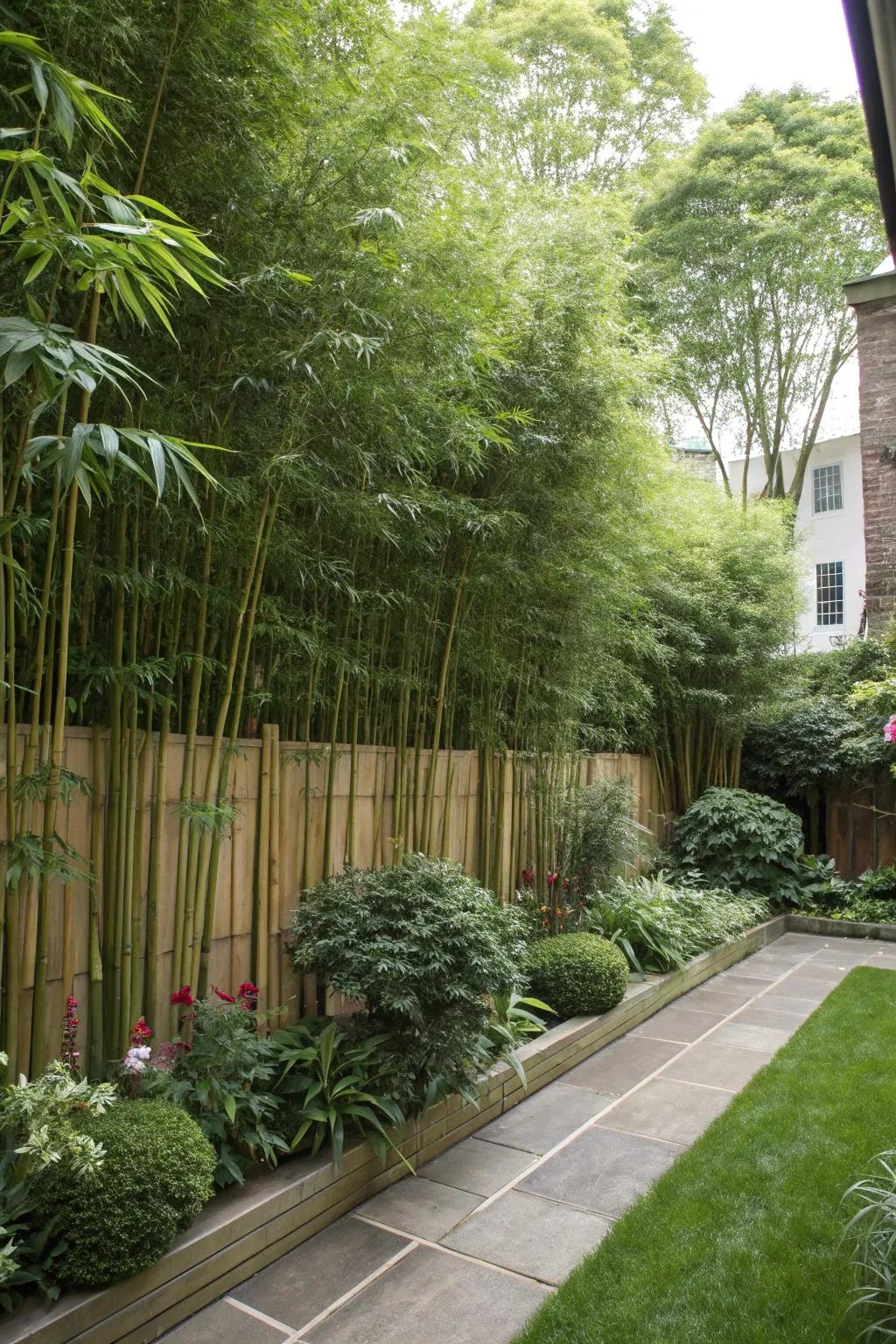 Bamboo plants providing a natural privacy screen in a townhouse garden.