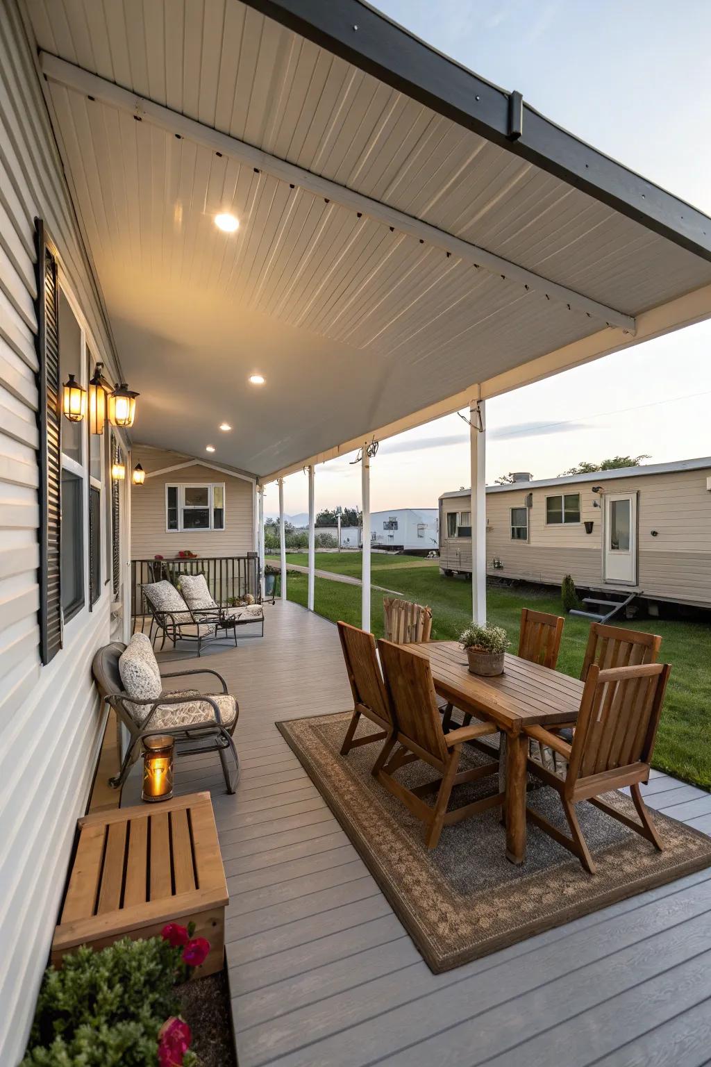 A trailer front porch designed for socializing with ample space.