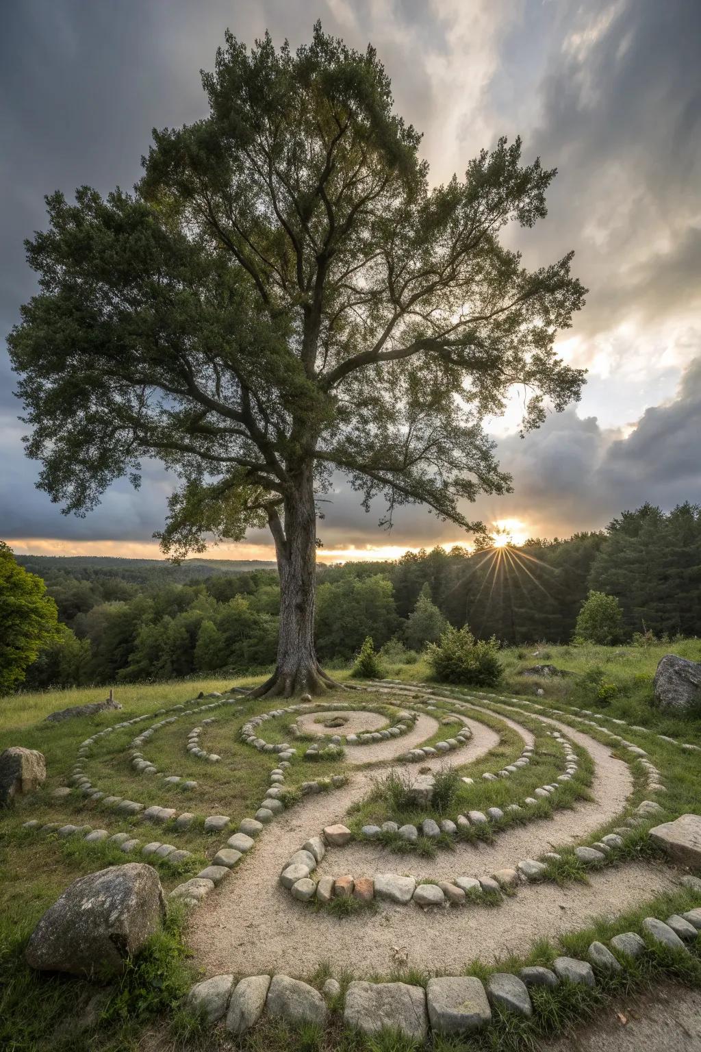 A tree with a creative spiral stone path.
