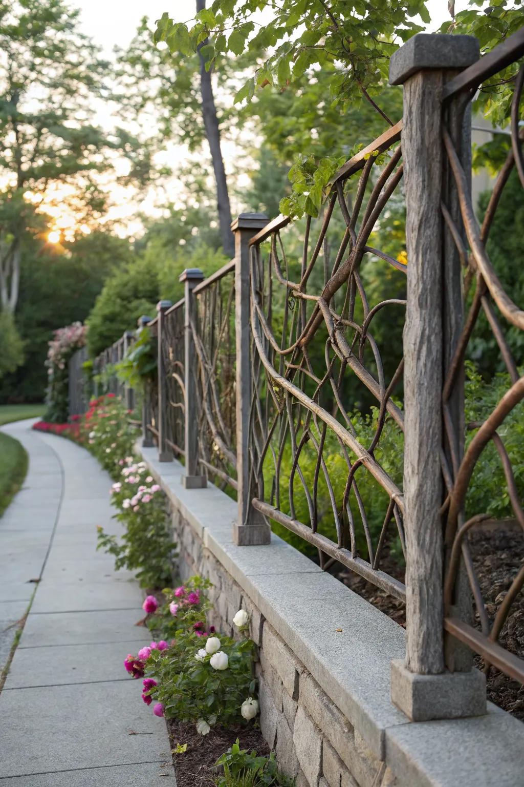 The combination of metal and branches offers a sleek, modern rustic fence.