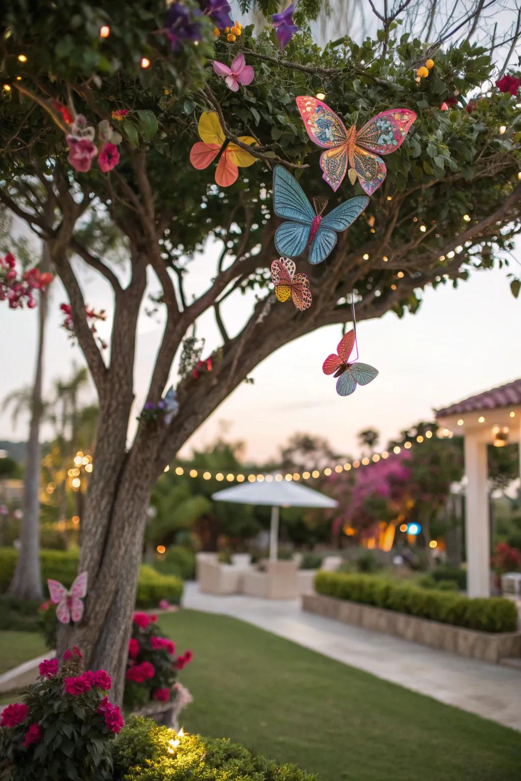 Whimsical butterfly ornaments on a tree