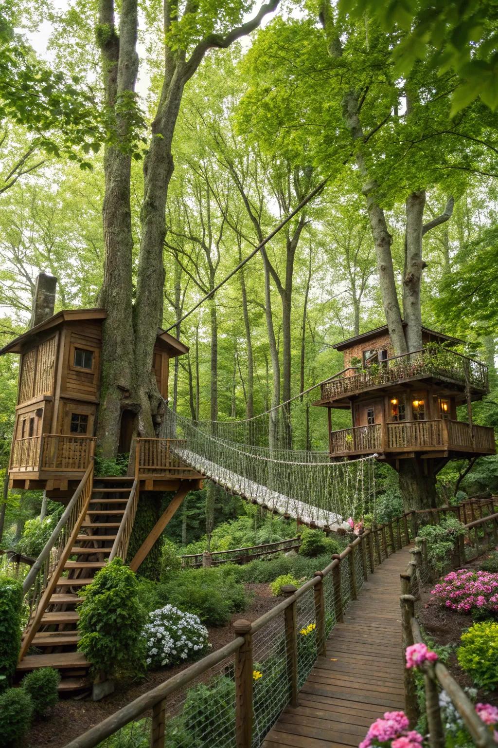 Tree houses connected by a suspension bridge, creating the ultimate backyard adventure.