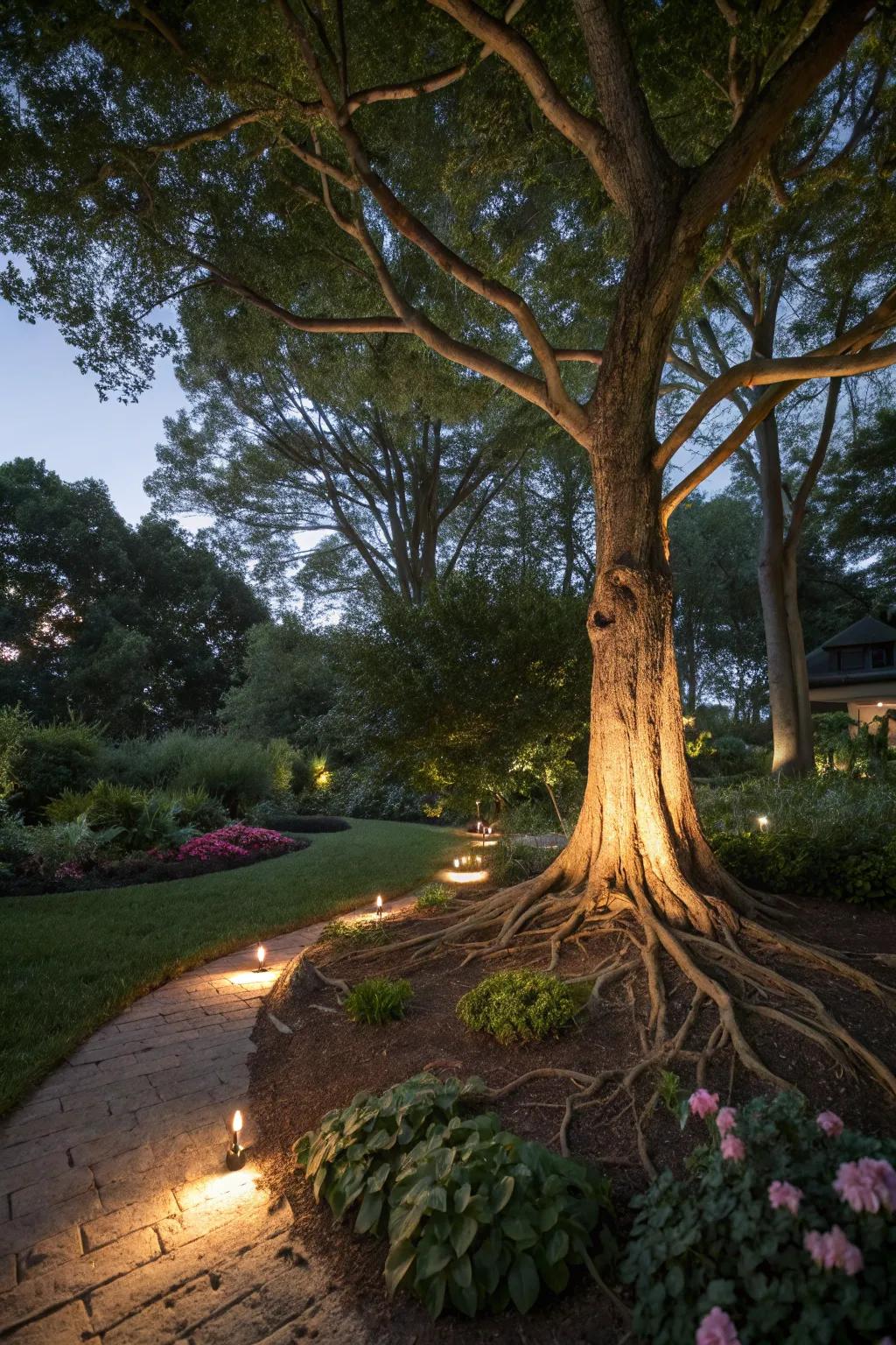 Ground lighting emphasizes the tree's foundation.