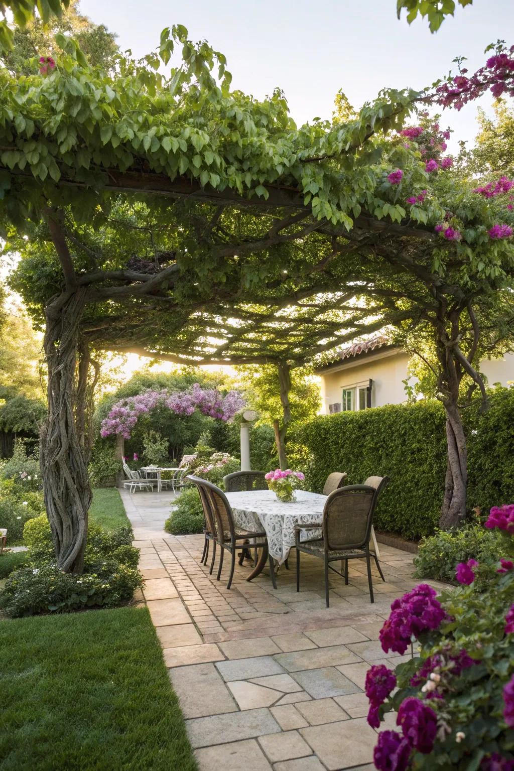 Functional tree structures like pergolas add charm and utility.