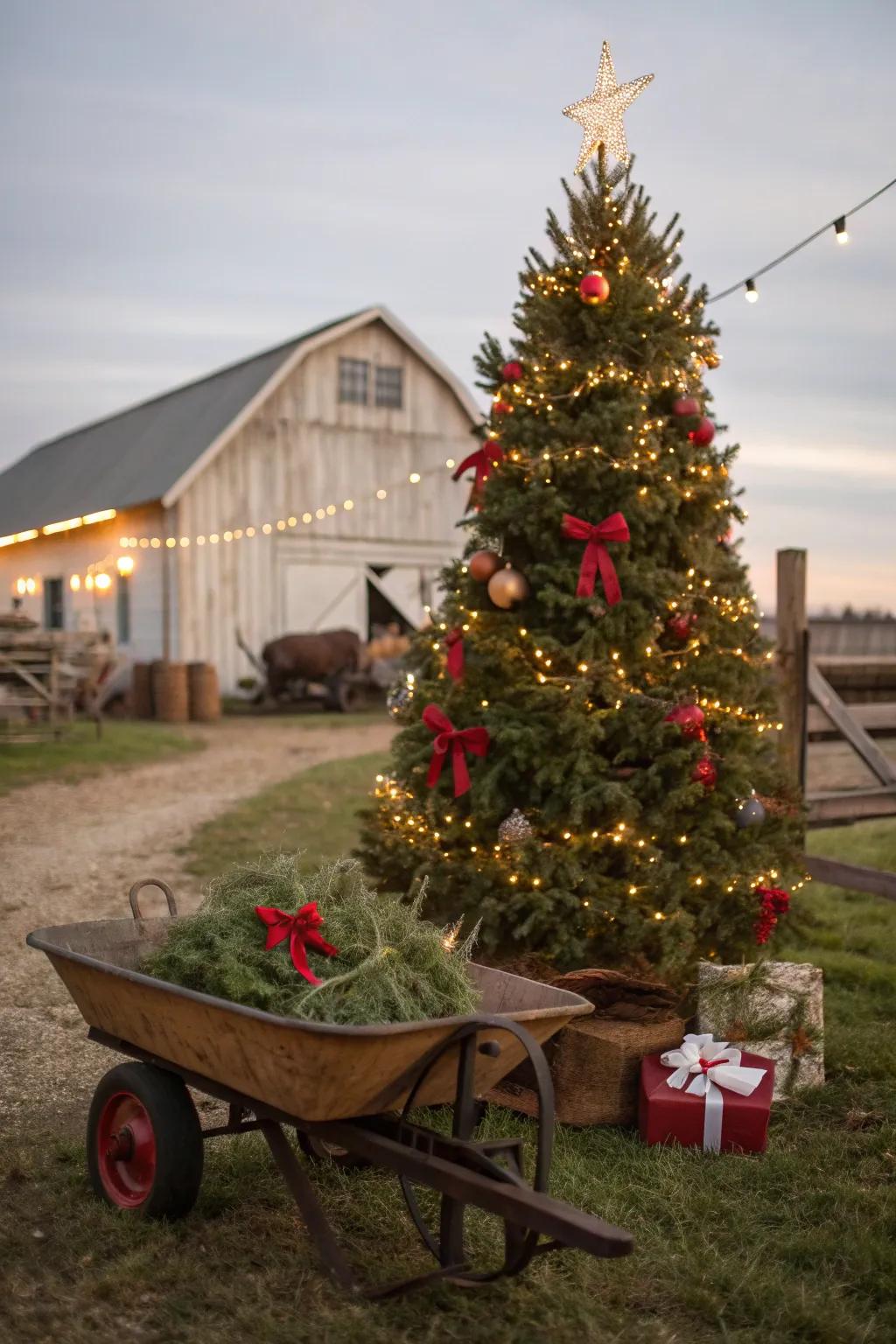 Wheelbarrows create charming, rustic tree stands.
