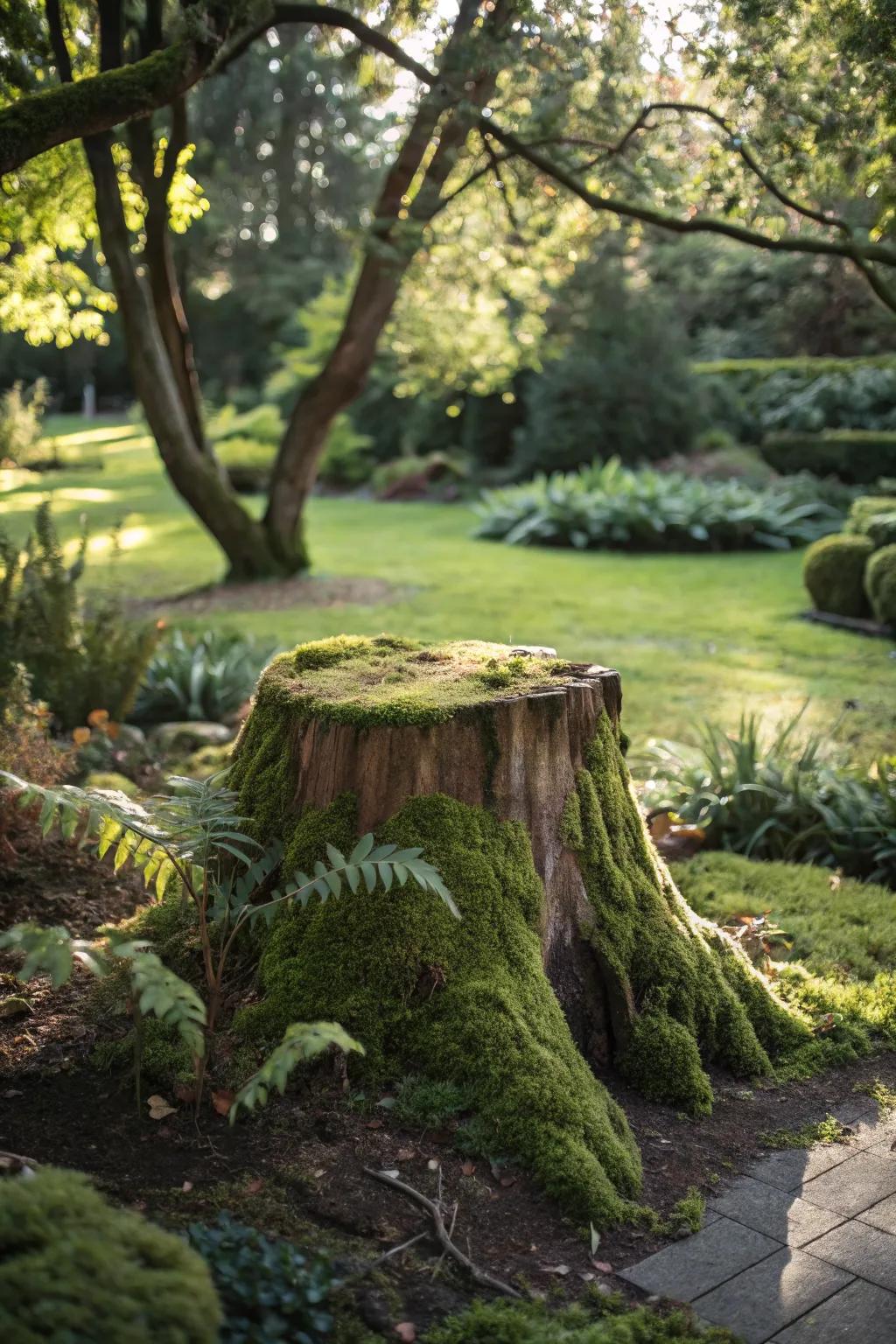 A tree stump elegantly covered in lush moss.