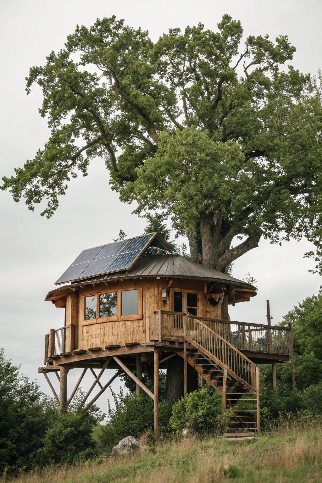 An eco-friendly treehouse harmonizing with its natural surroundings.