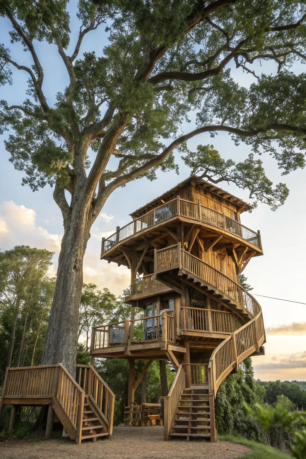 A multi-level treehouse with seamlessly integrated railings.