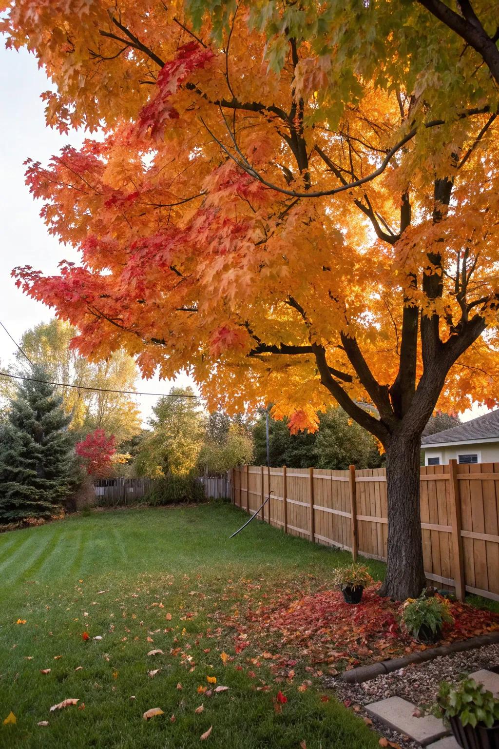 A sugar maple tree in glorious fall colors, offering shade and beauty.