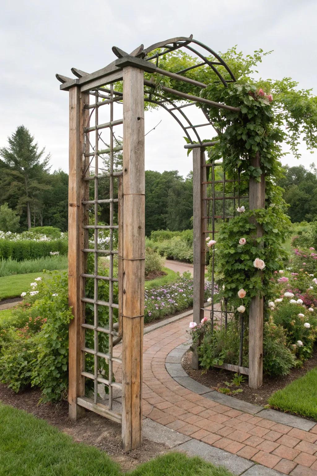 A mixed material trellis made of wood and metal, providing a unique garden aesthetic.