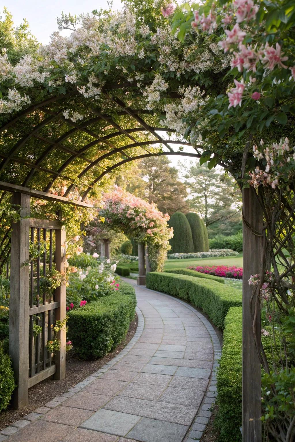An archway trellis creates a magical garden entrance.