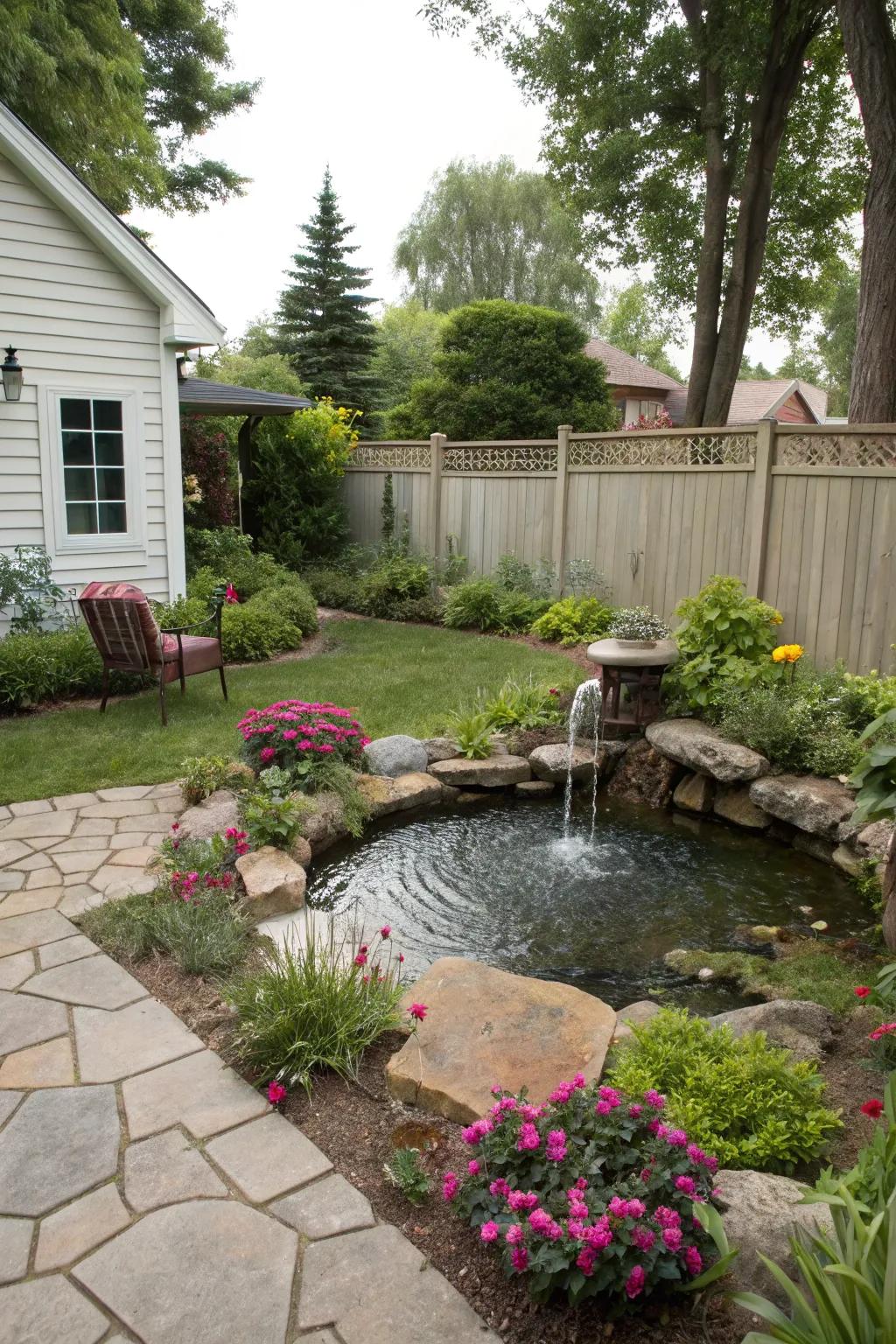 A water feature adds a serene touch to any corner of a triangular backyard.
