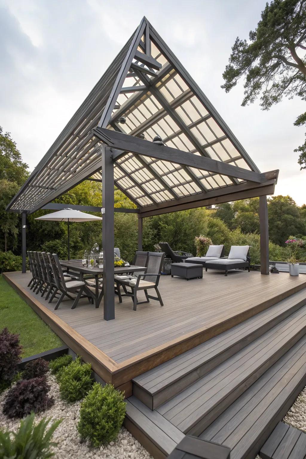 A triangle pergola seamlessly incorporated into multi-level decking.