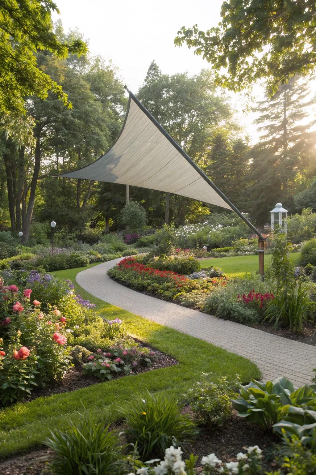 A triangle sun shade beautifully integrated into a green landscape.