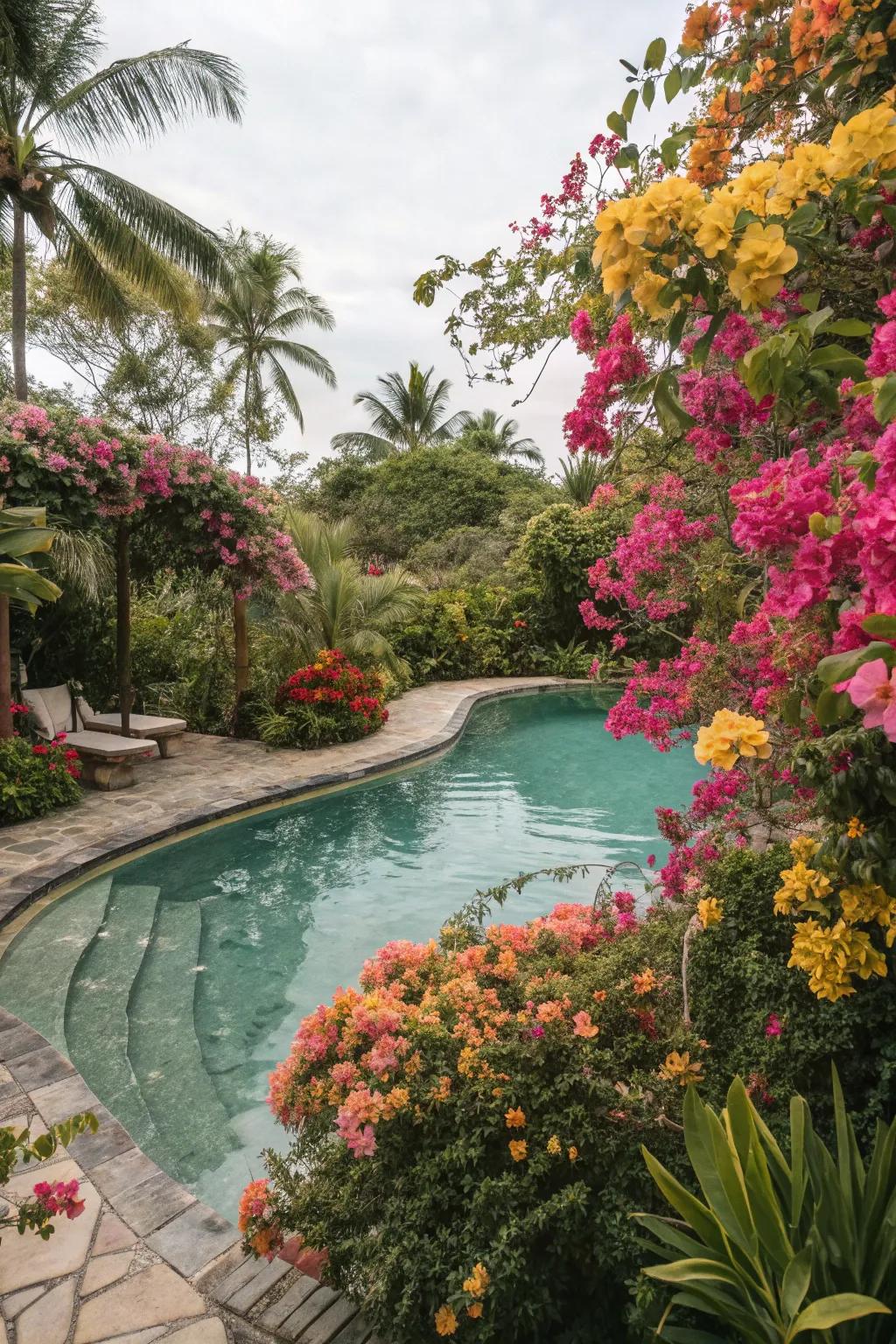 Vibrant tropical flowers add color and life to your pool area.