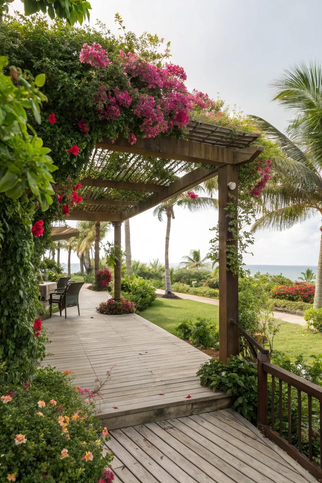A pergola with climbing plants provides shade and elegance.
