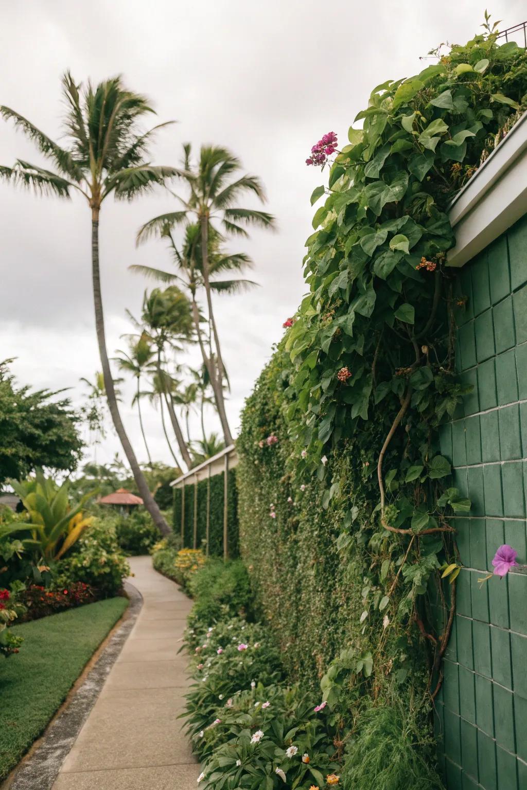 A vertical garden offers a lush, green backdrop.