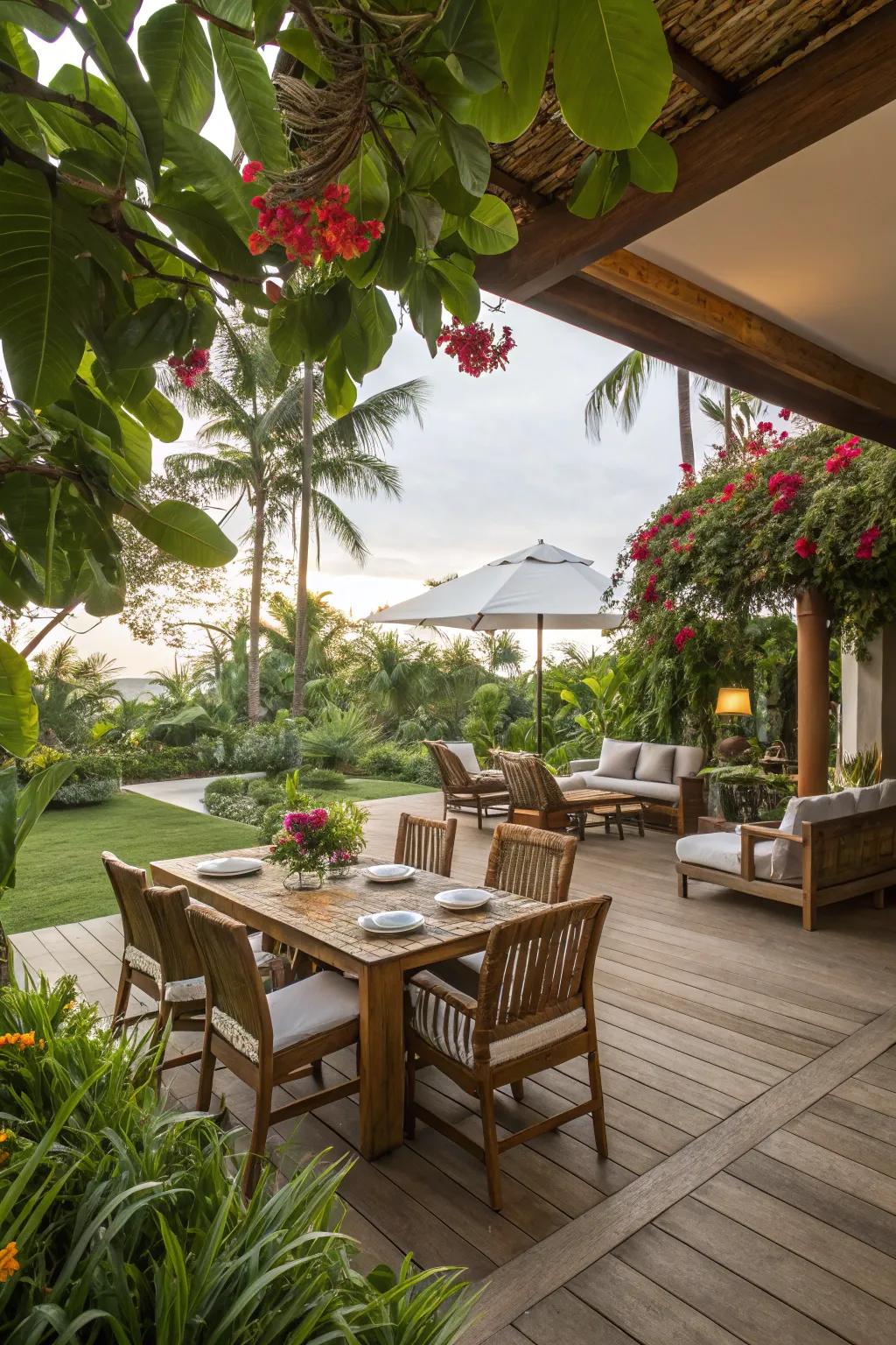 An outdoor living space perfect for dining and lounging in tropical style.