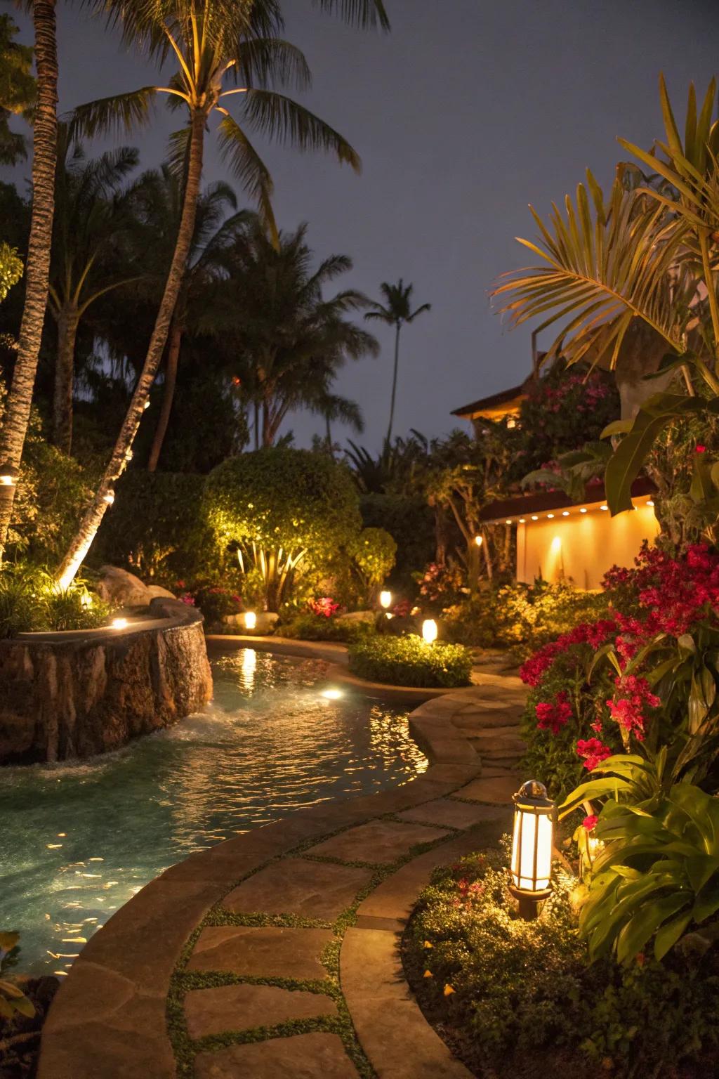 Ambient lighting transforms a tropical pool area into an enchanting nighttime retreat.