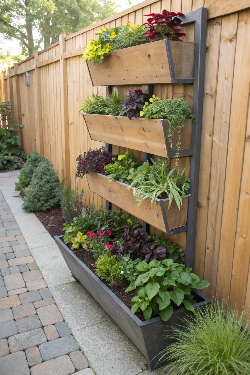 Space-saving vertical garden made with stacked trough planters.
