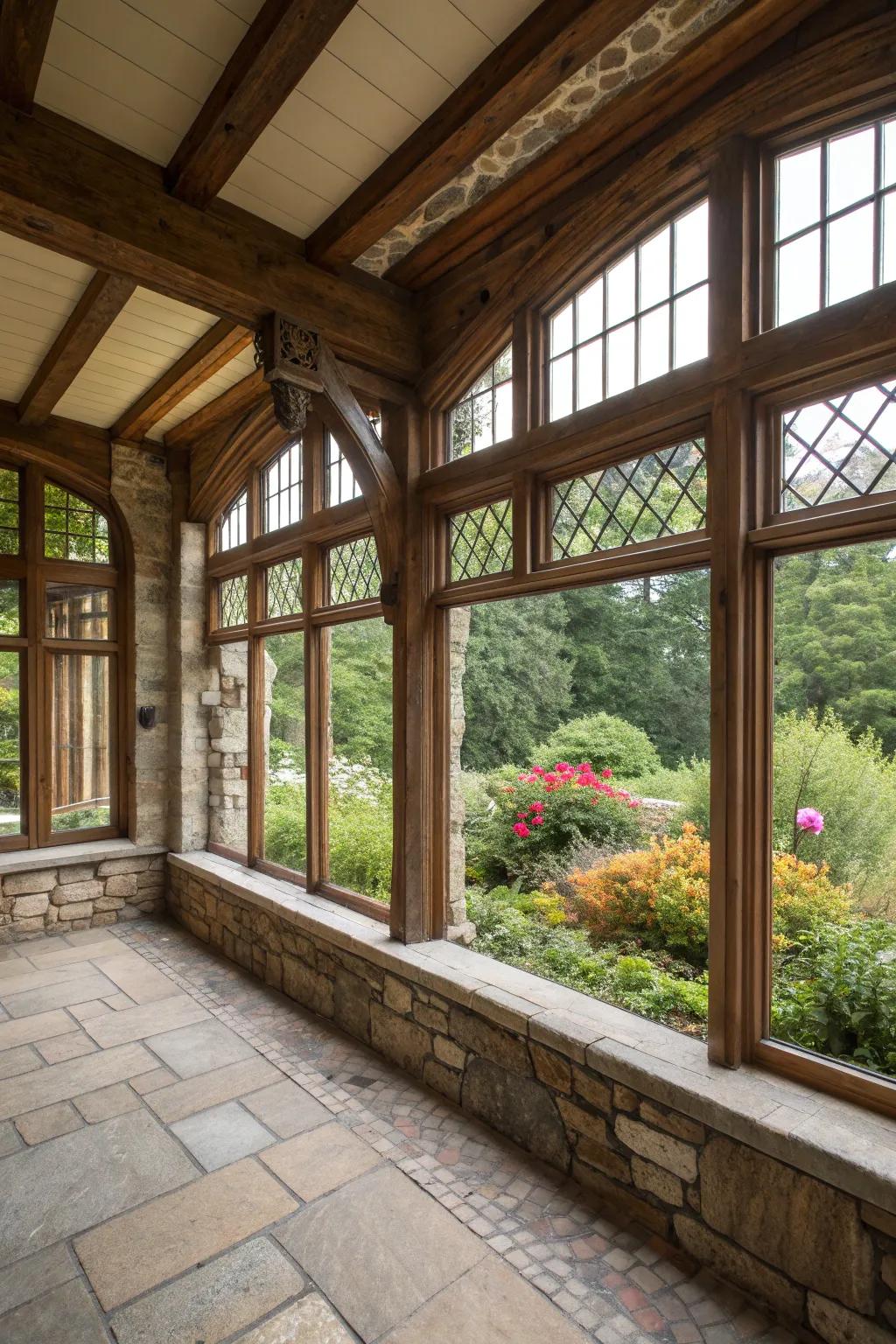 Large windows offer a bright and cozy feel to this enclosed Tudor porch.