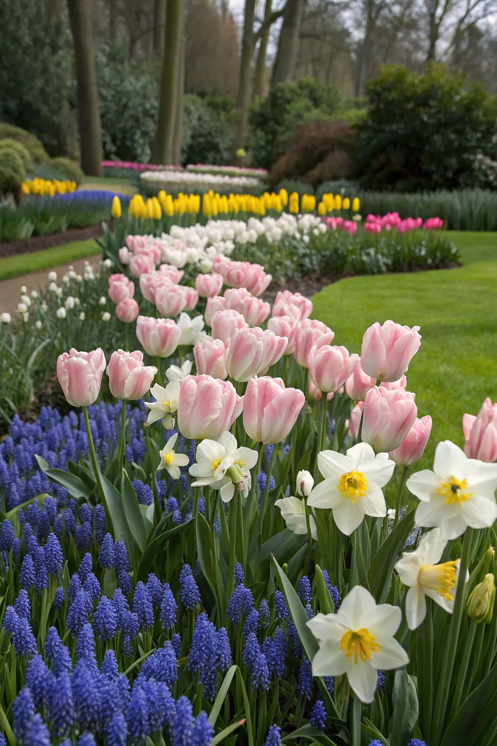 A harmonious garden with tulips, daffodils, and muscari.