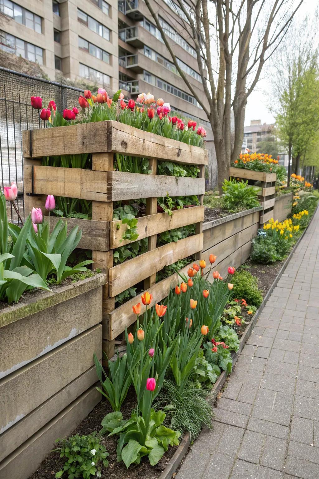 A vertical tulip wall transforms a simple fence into a floral feature.