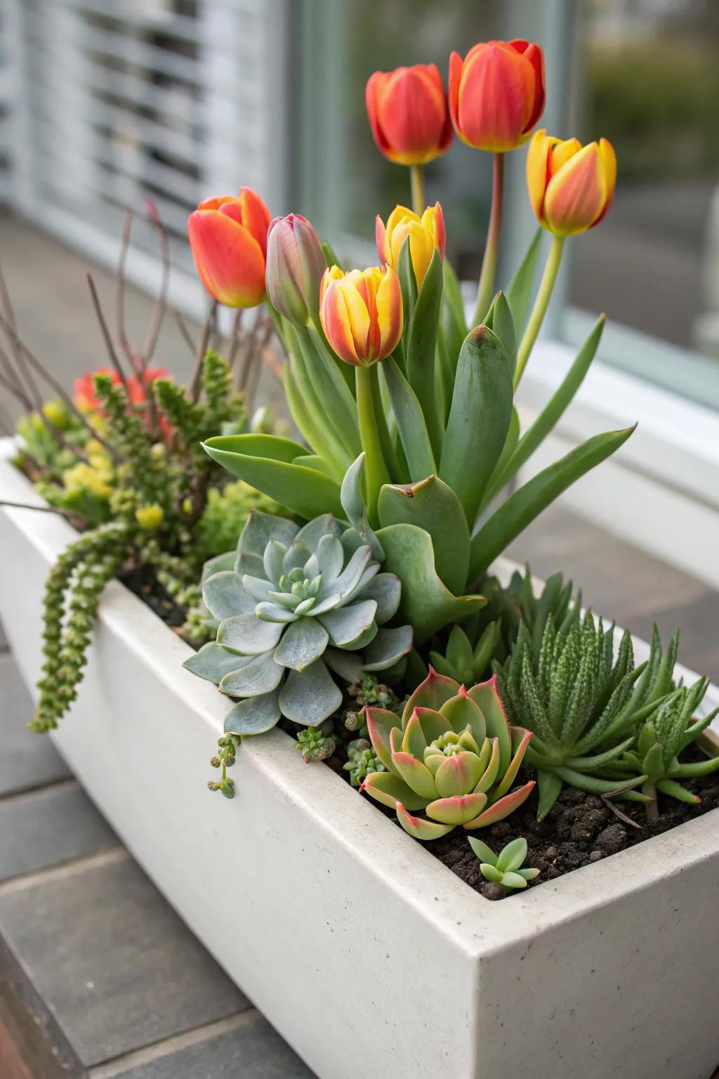 A modern combination of tulips and succulents.