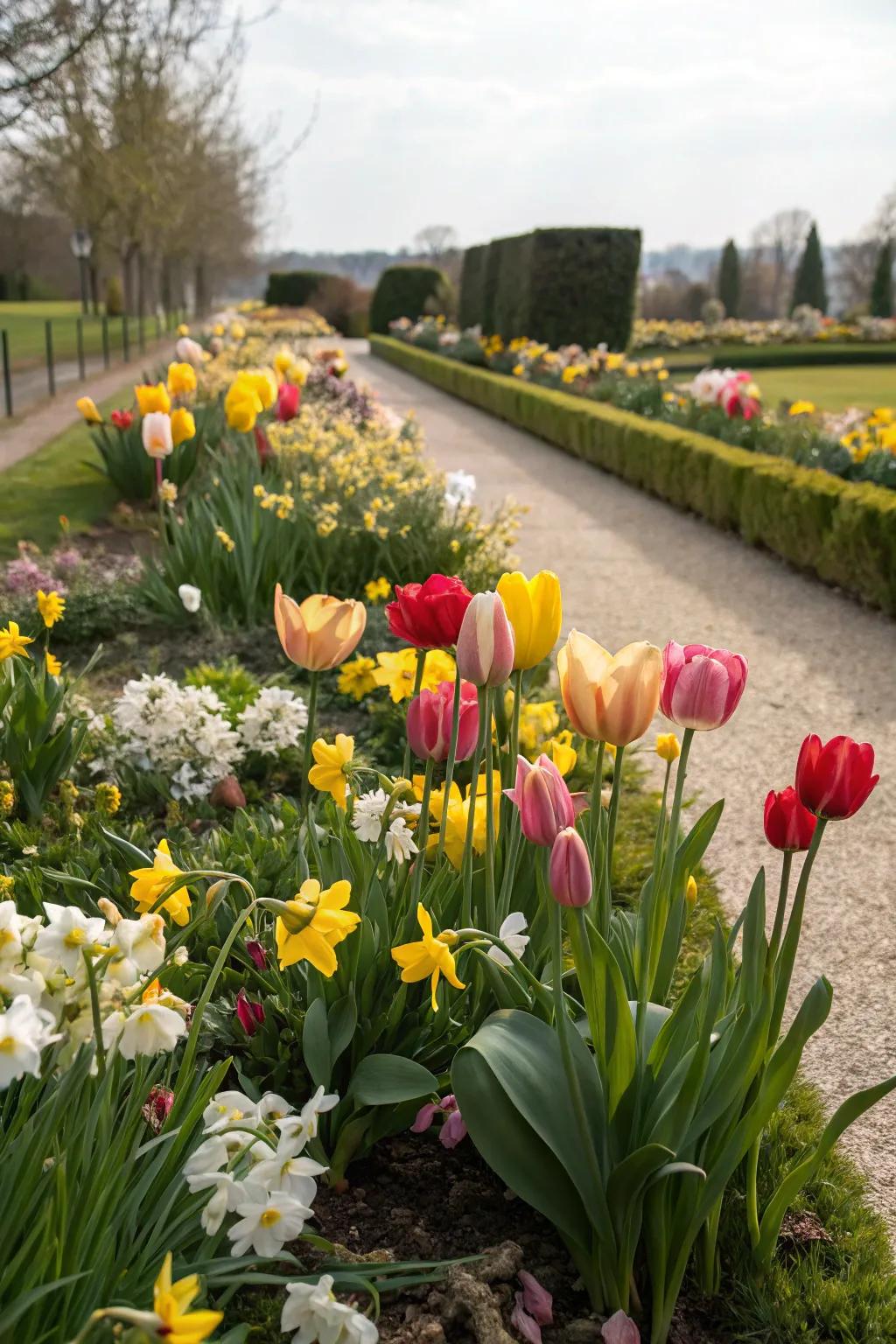 A seasonal garden theme with tulips and other spring blooms.