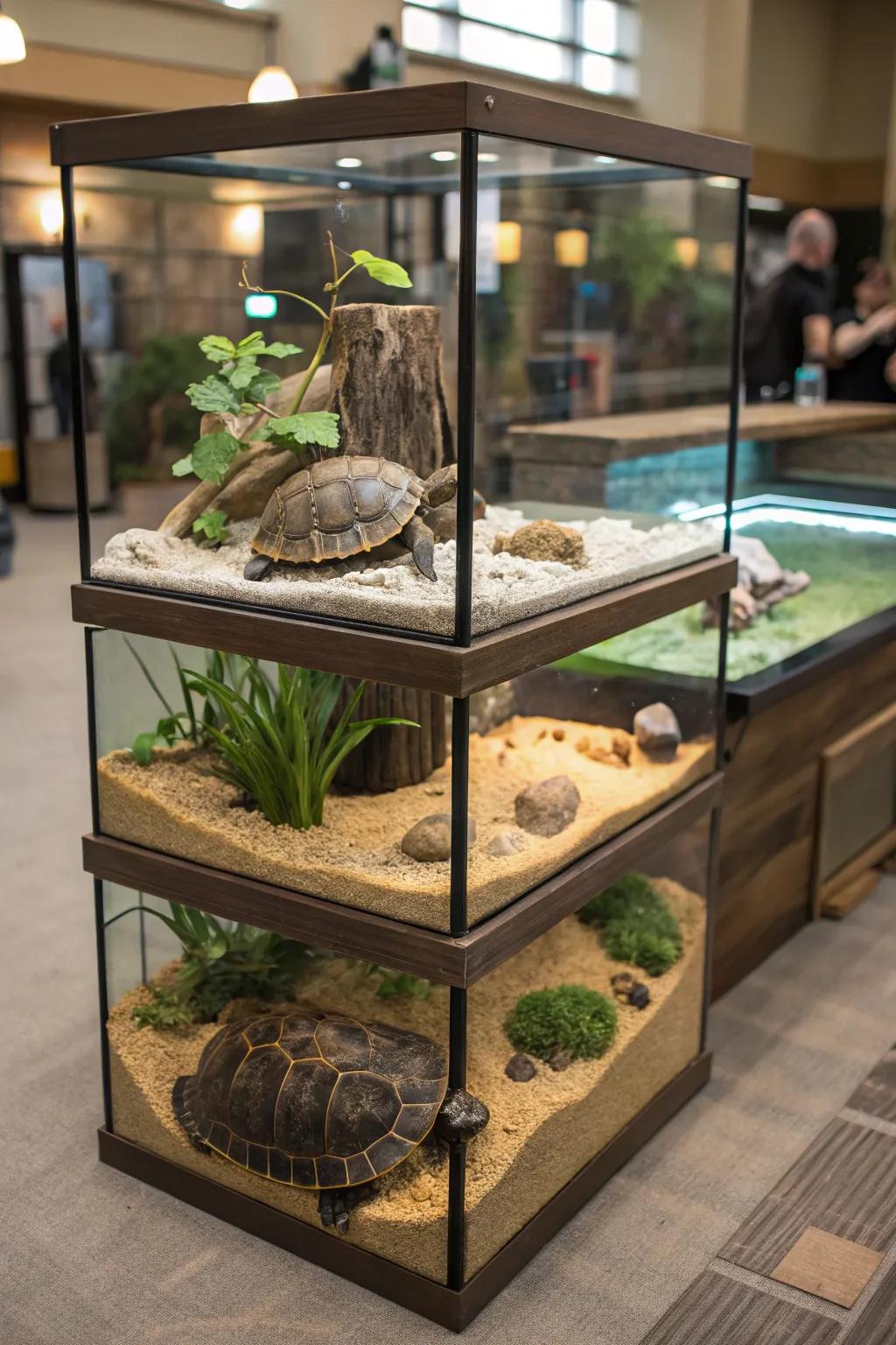 A multi-level turtle habitat with diverse zones.