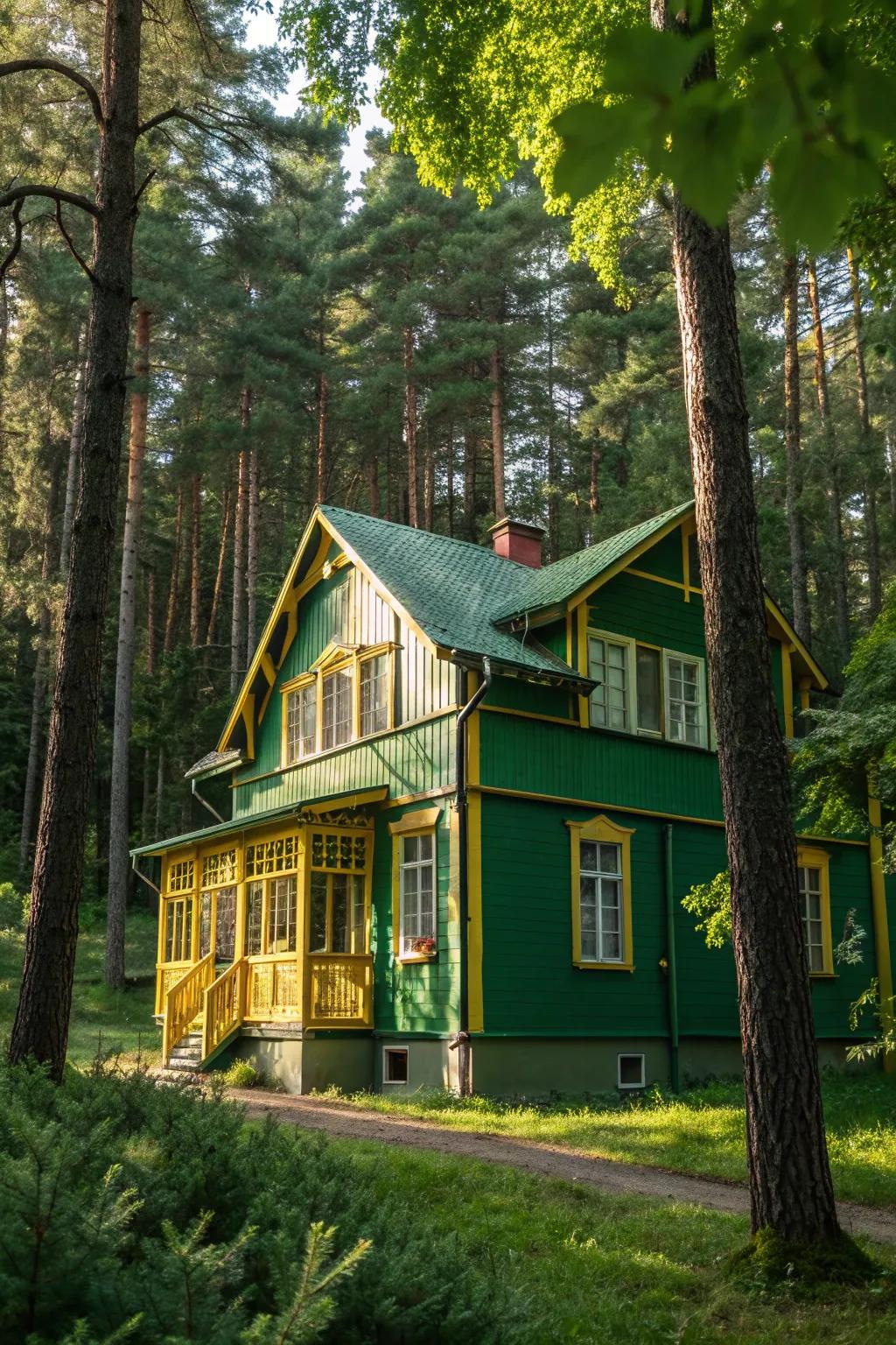 Forest green and yellow create a cheerful and natural exterior.