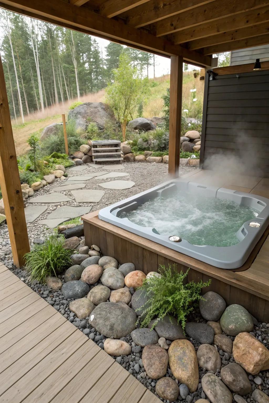 A zen rock garden adds tranquility to the hot tub area.