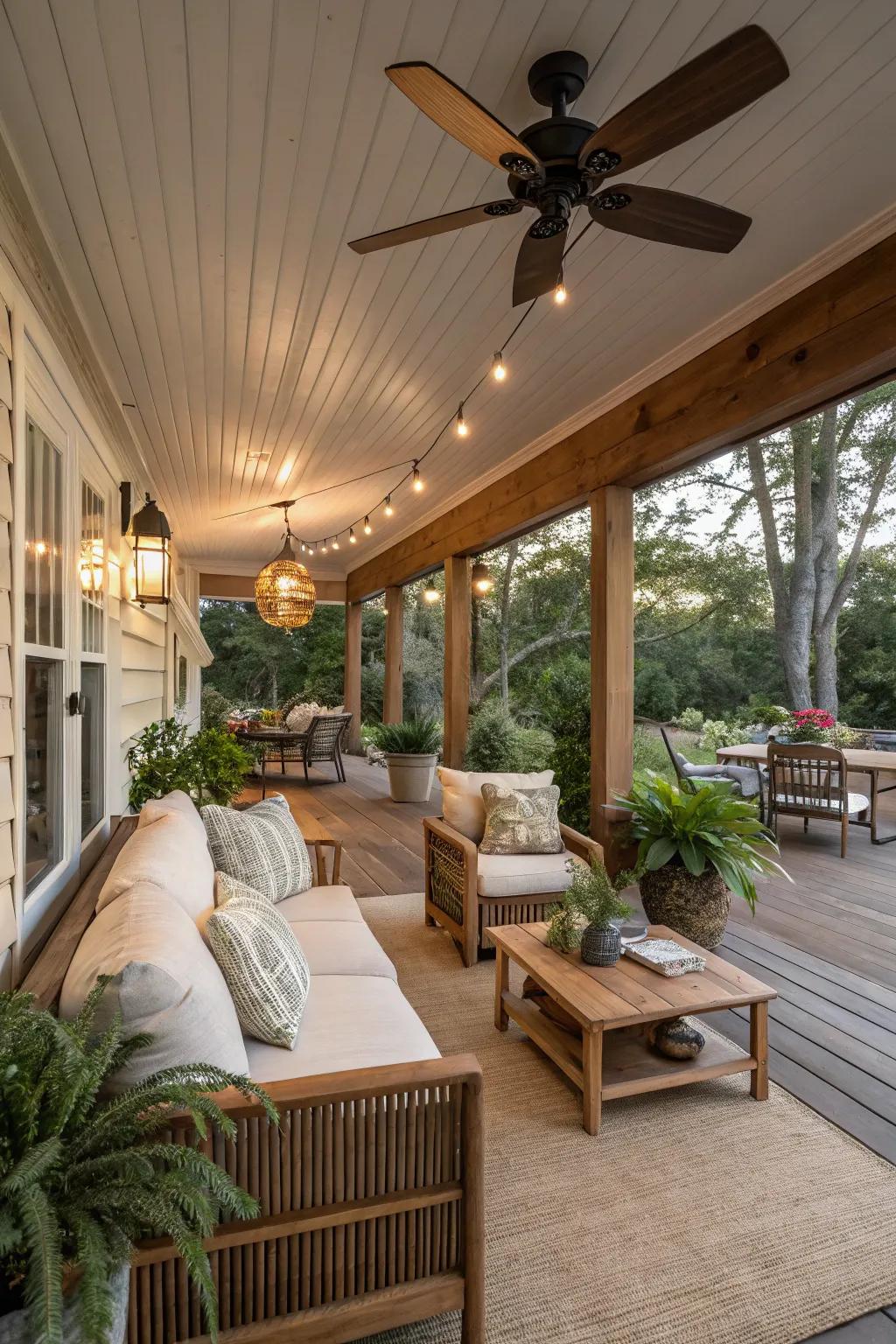 Ceiling fans provide a refreshing breeze in your under-deck retreat.