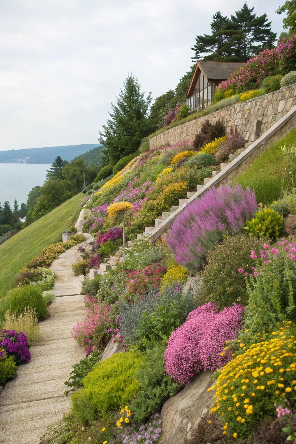 A slope garden bursts with colors and textures.