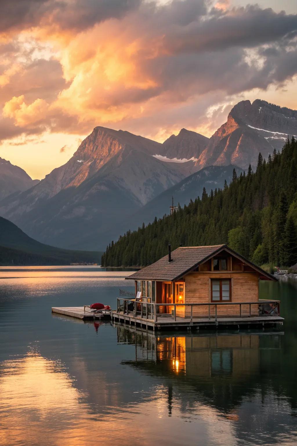 Floating cabins provide a tranquil escape on the water.