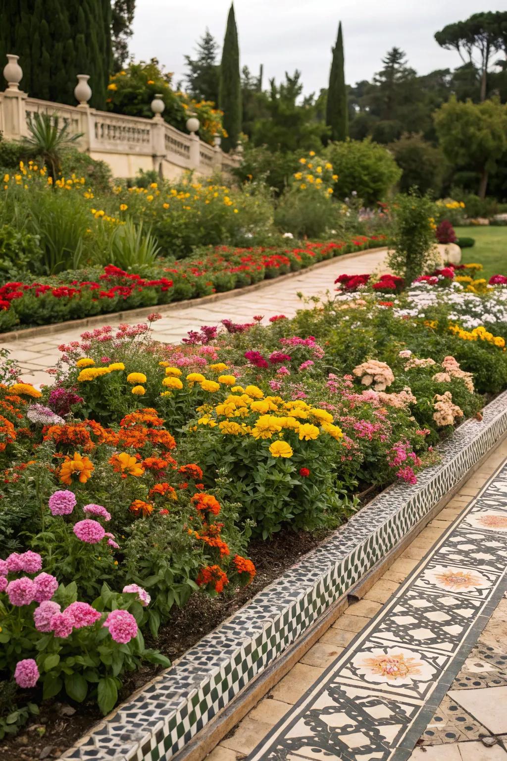 Contrasting colors and patterns create a striking garden edge.