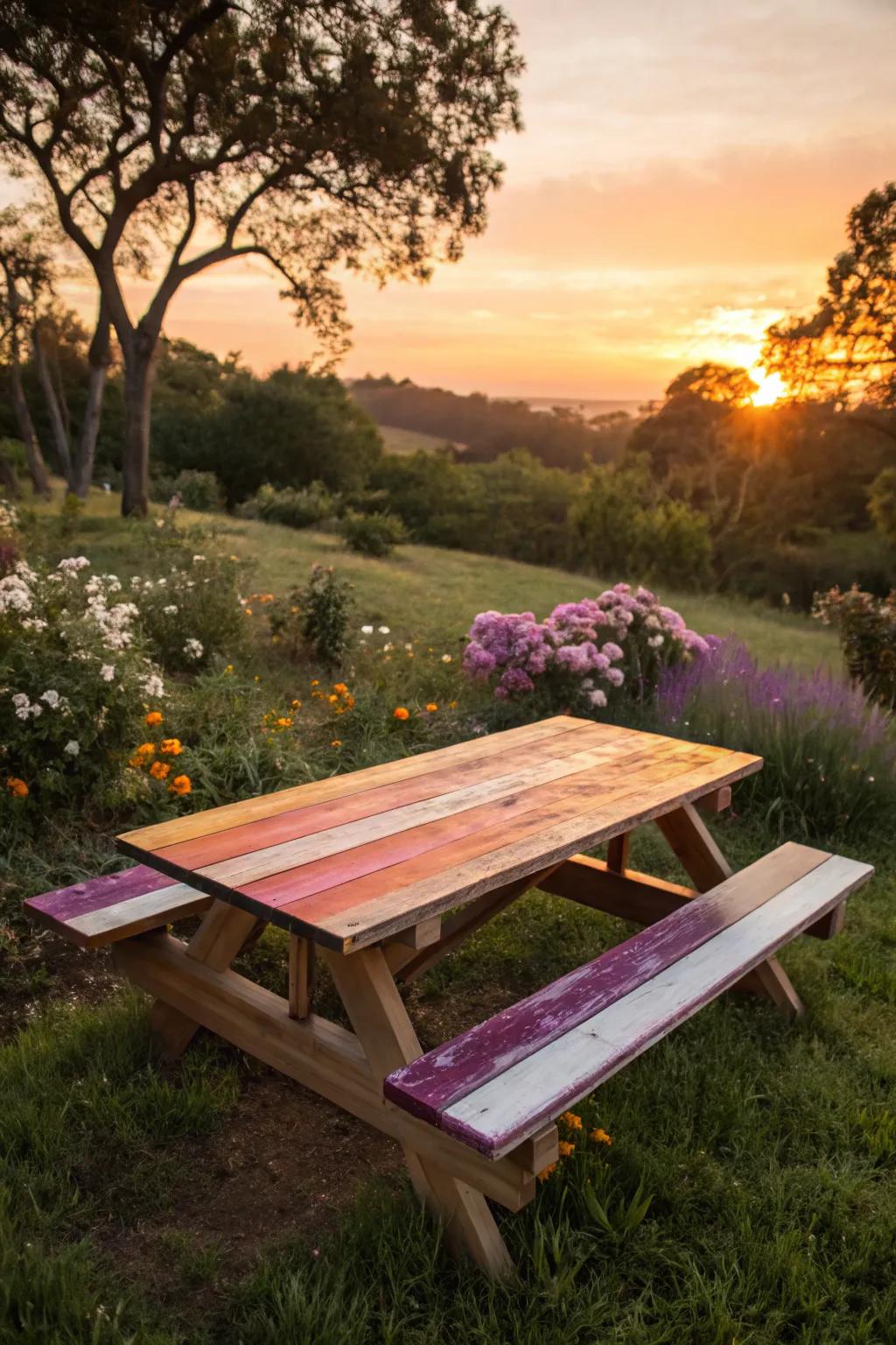 Sunset ombre brings the evening sky to your picnic table.