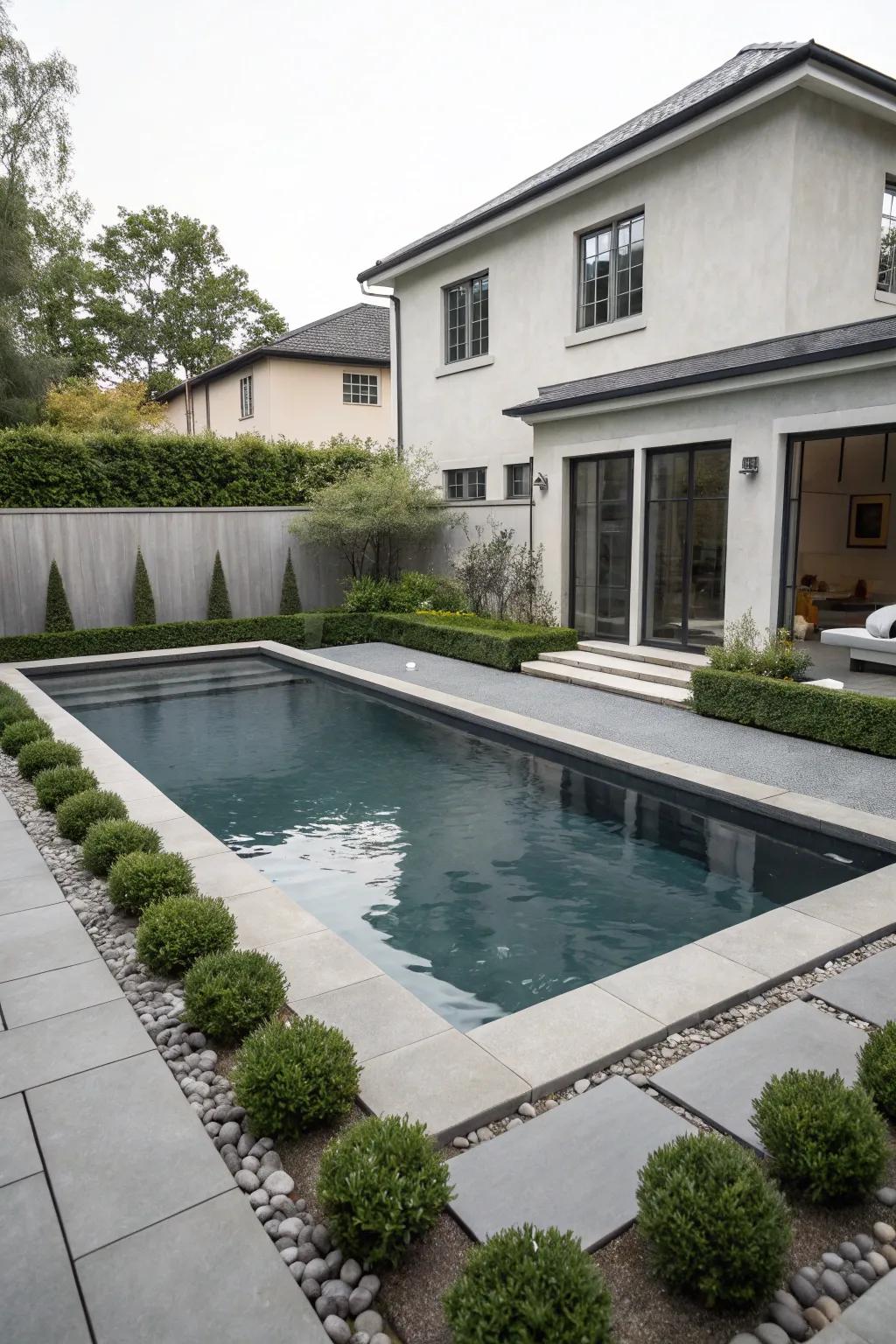 A pool with monochrome paint design in shades of grey.