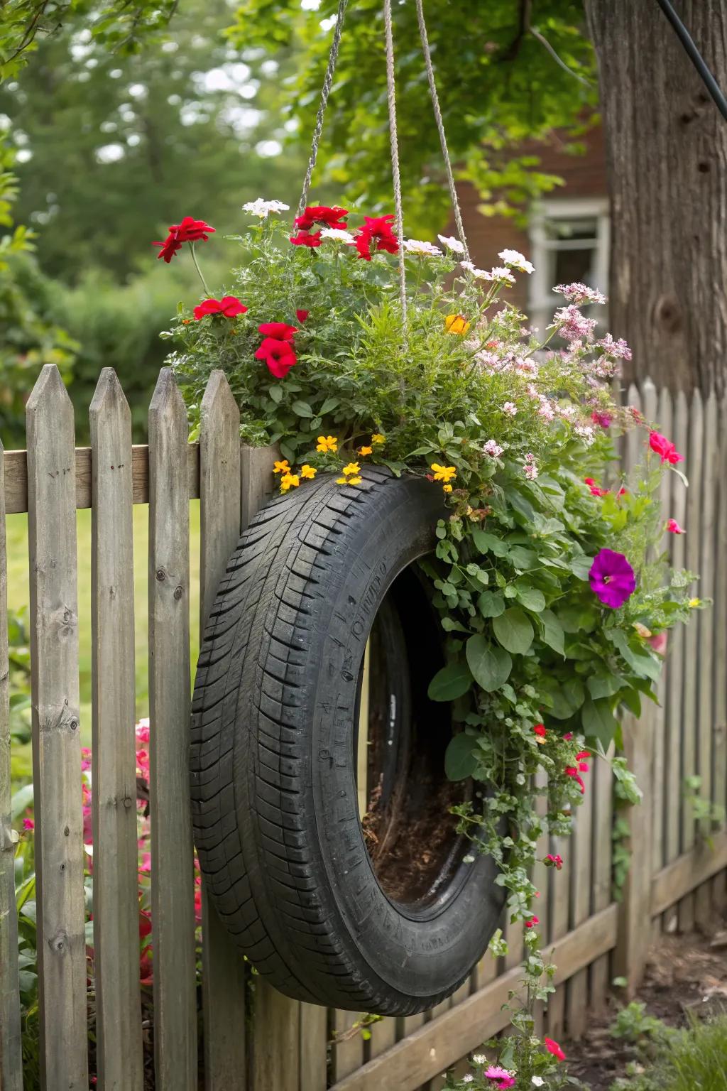 An old tire turned into a stunning hanging flower display.